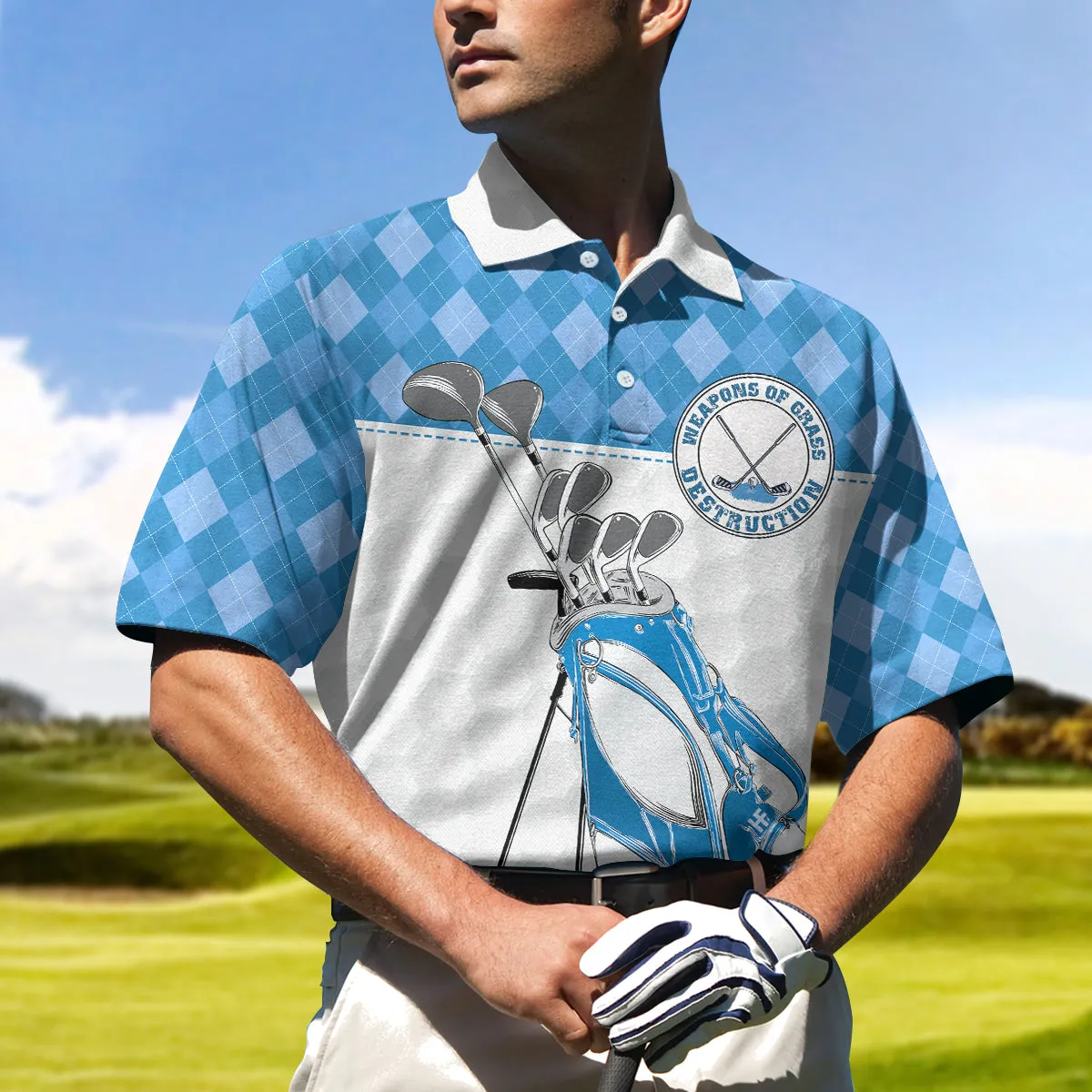 Weapons Of Grass Destruction Short Sleeve Polo Shirt, Golf Texture Blue Argyle Pattern Polo Shirt, Best Golf Shirt For Men Coolspod