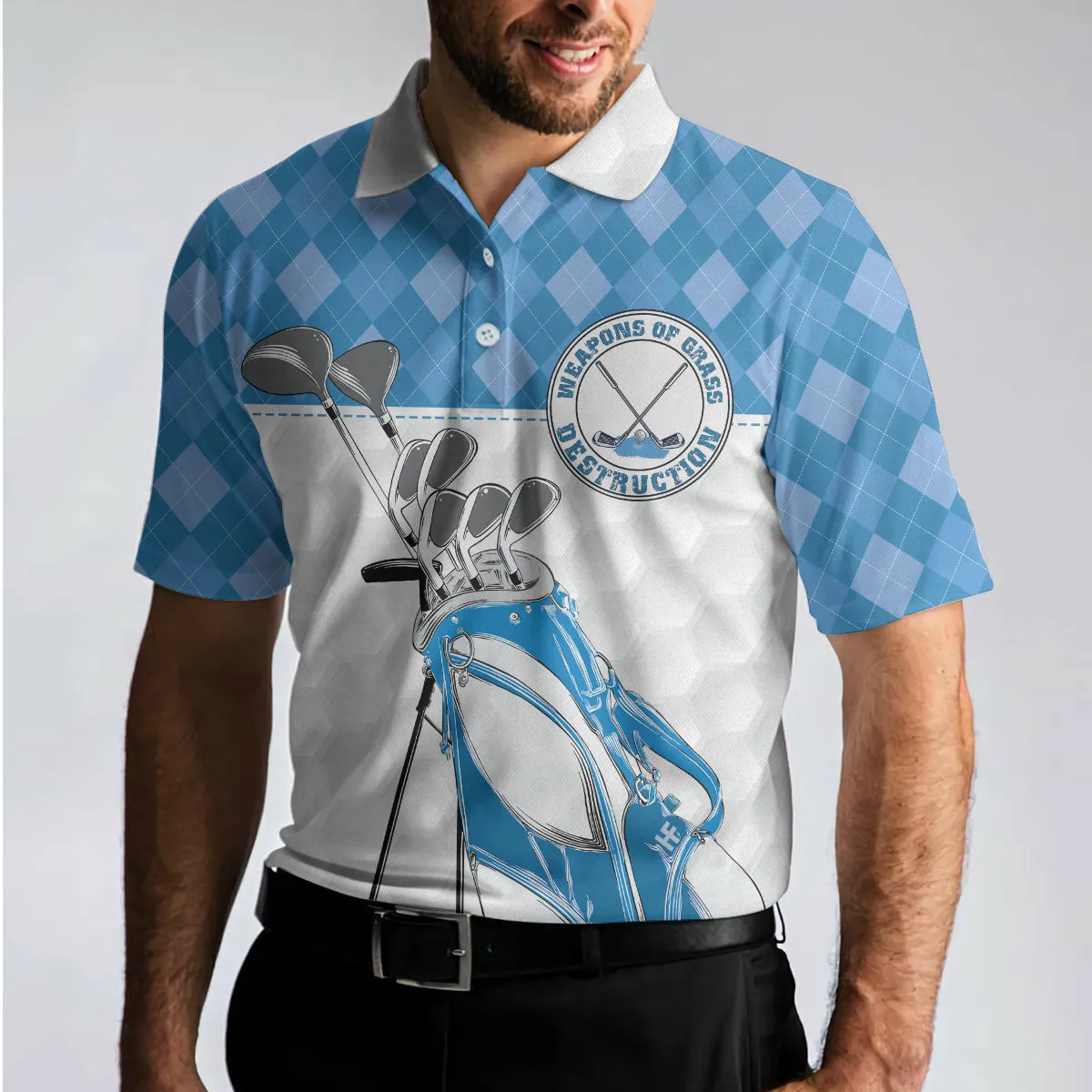 Weapons Of Grass Destruction Short Sleeve Polo Shirt, Golf Texture Blue Argyle Pattern Polo Shirt, Best Golf Shirt For Men Coolspod