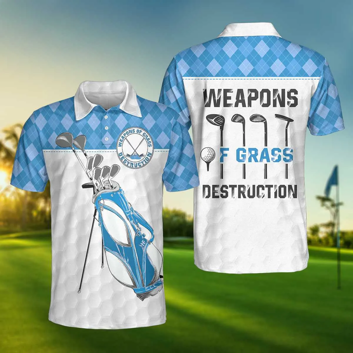 Weapons Of Grass Destruction Short Sleeve Polo Shirt, Golf Texture Blue Argyle Pattern Polo Shirt, Best Golf Shirt For Men Coolspod