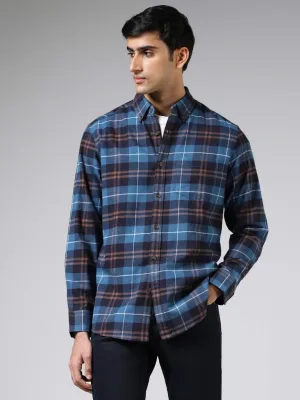 WES Casuals Blue Plaid Checked Cotton Relaxed Fit Shirt