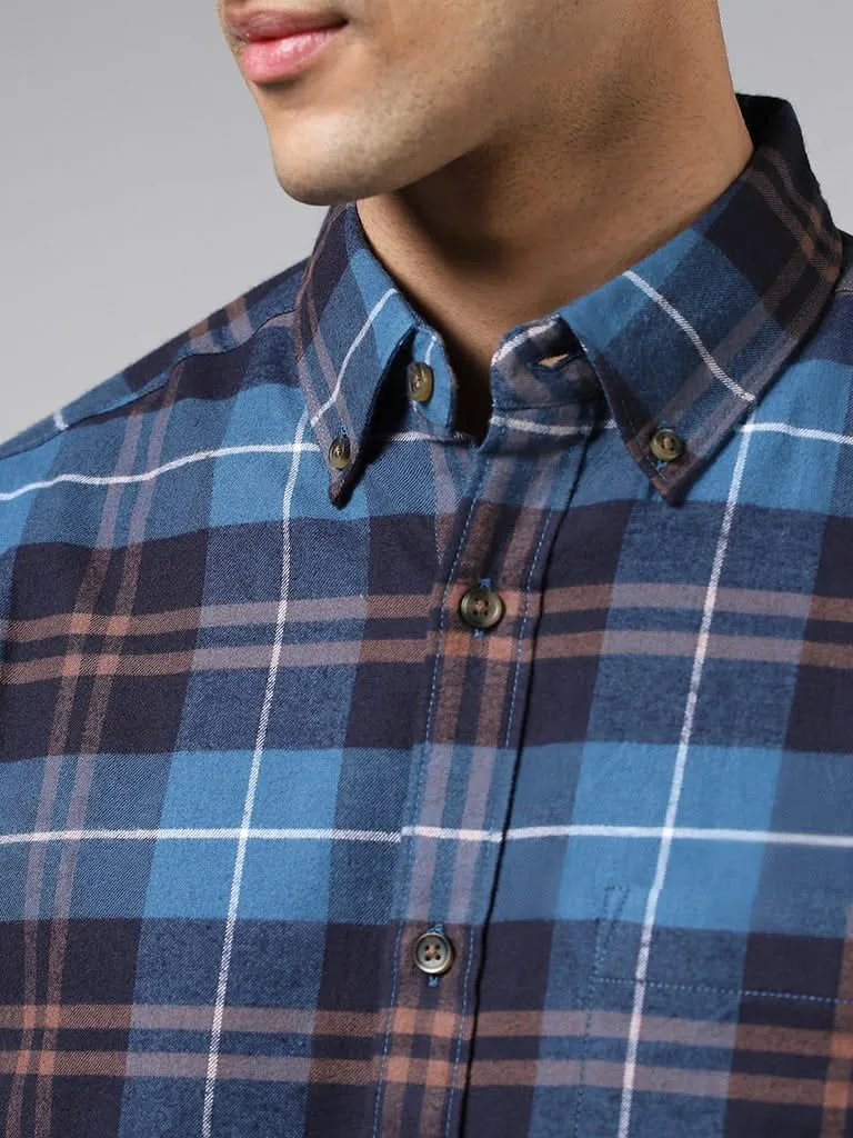 WES Casuals Blue Plaid Checked Cotton Relaxed Fit Shirt