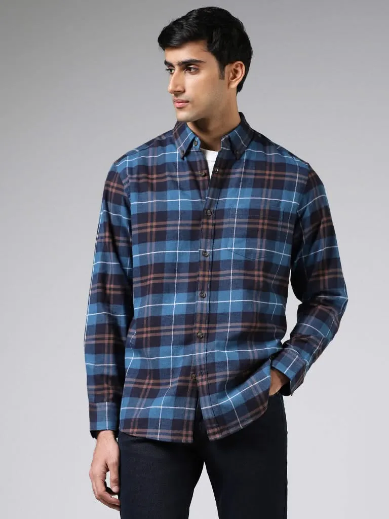 WES Casuals Blue Plaid Checked Cotton Relaxed Fit Shirt