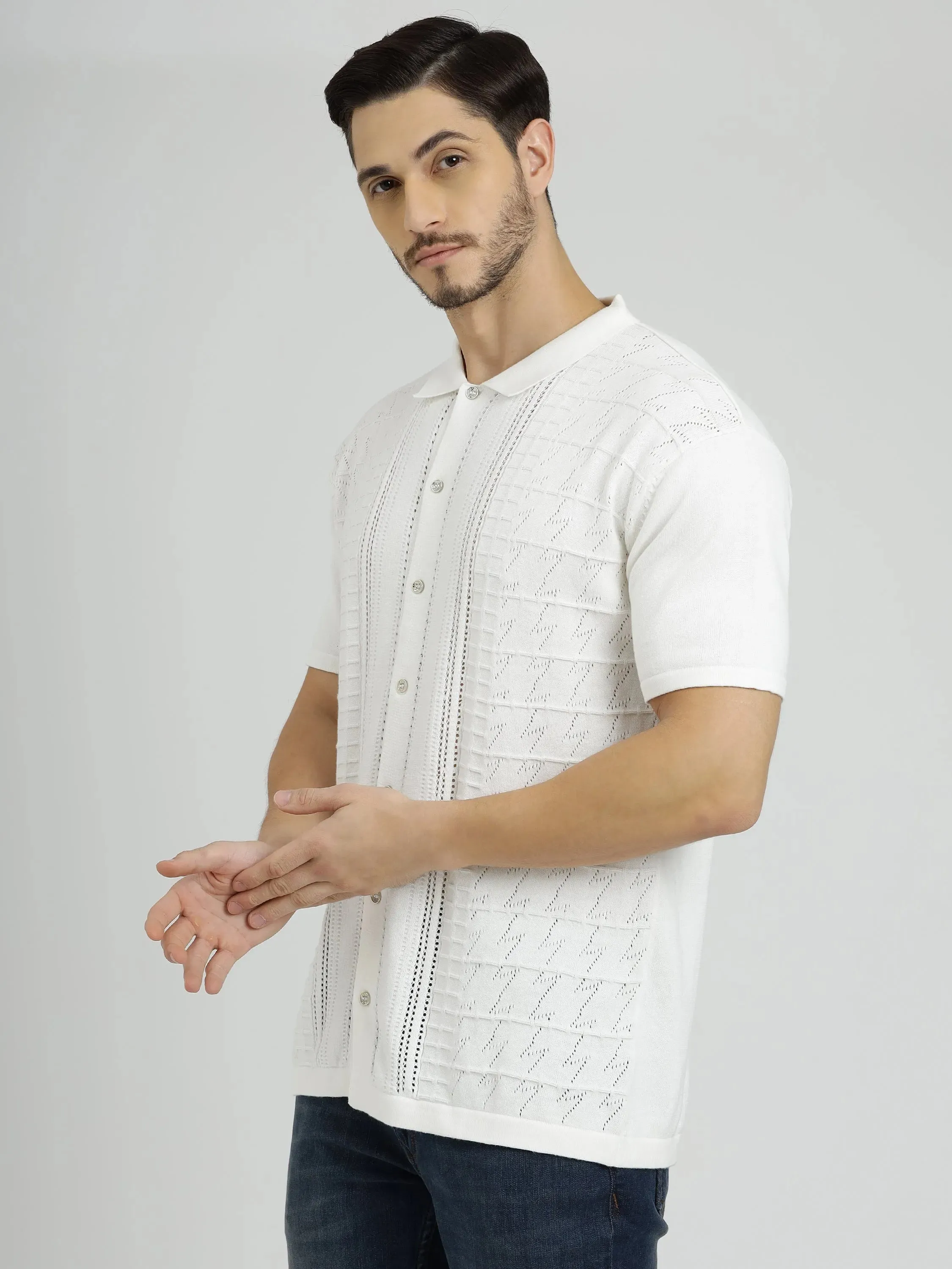 White Half Sleeve Men's Knit Shirt Crochet