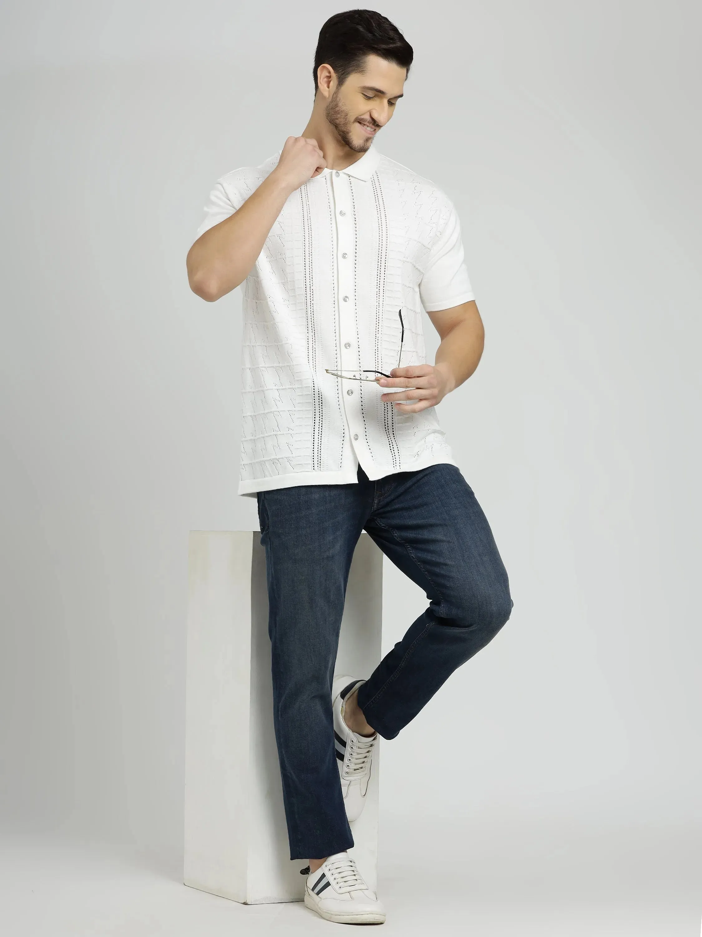 White Half Sleeve Men's Knit Shirt Crochet