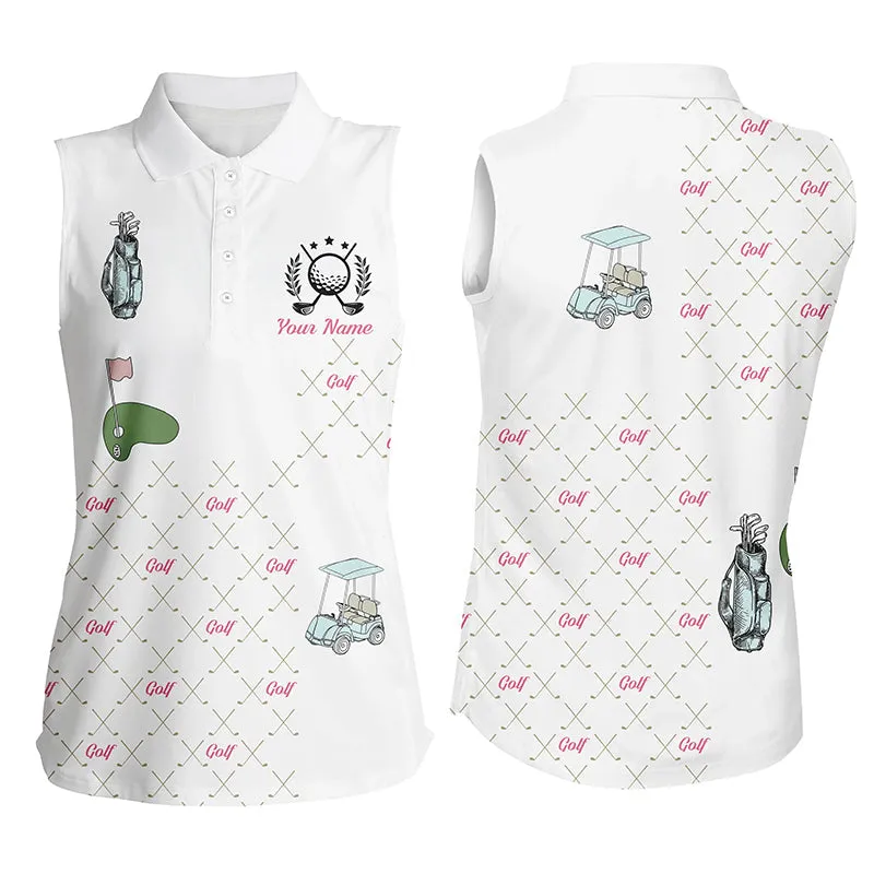 White Womens sleeveless polo shirt custom golf clubs pattern ladies golf shirts gift for mother's day