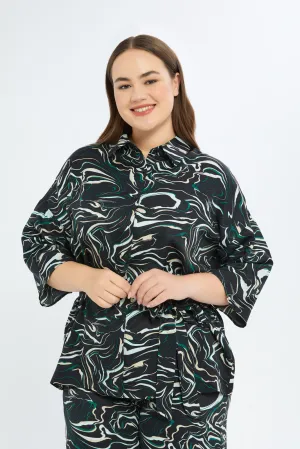 Women Black Print Collar Shirt Belted Top