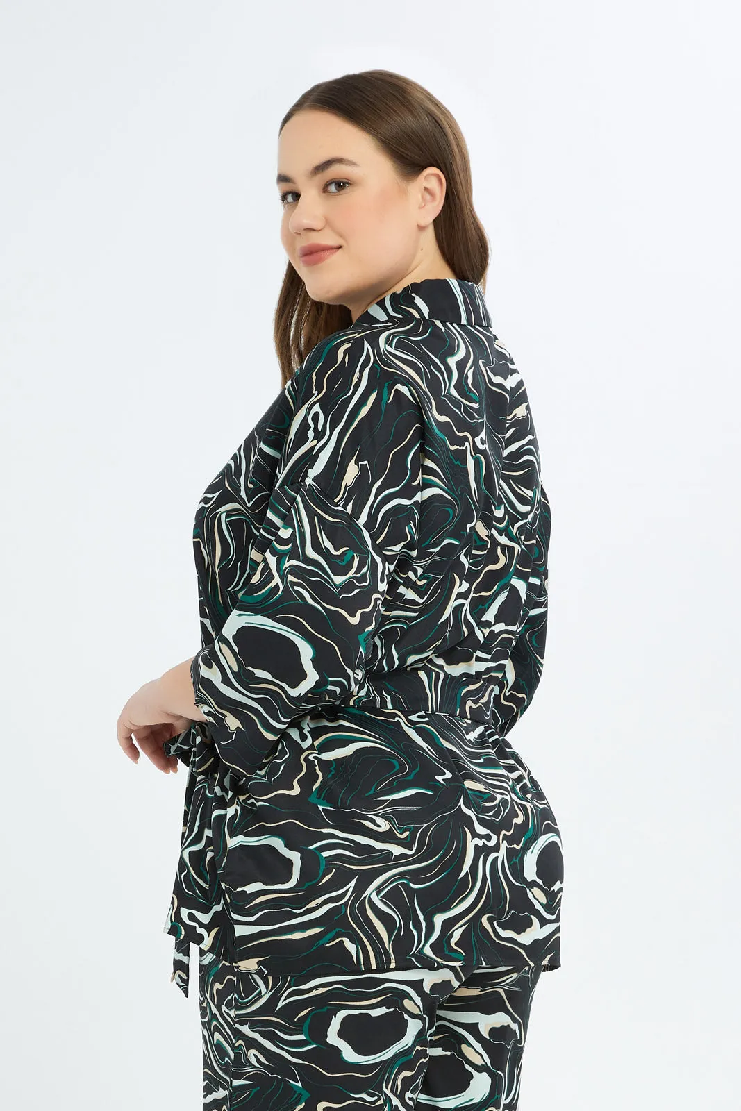 Women Black Print Collar Shirt Belted Top