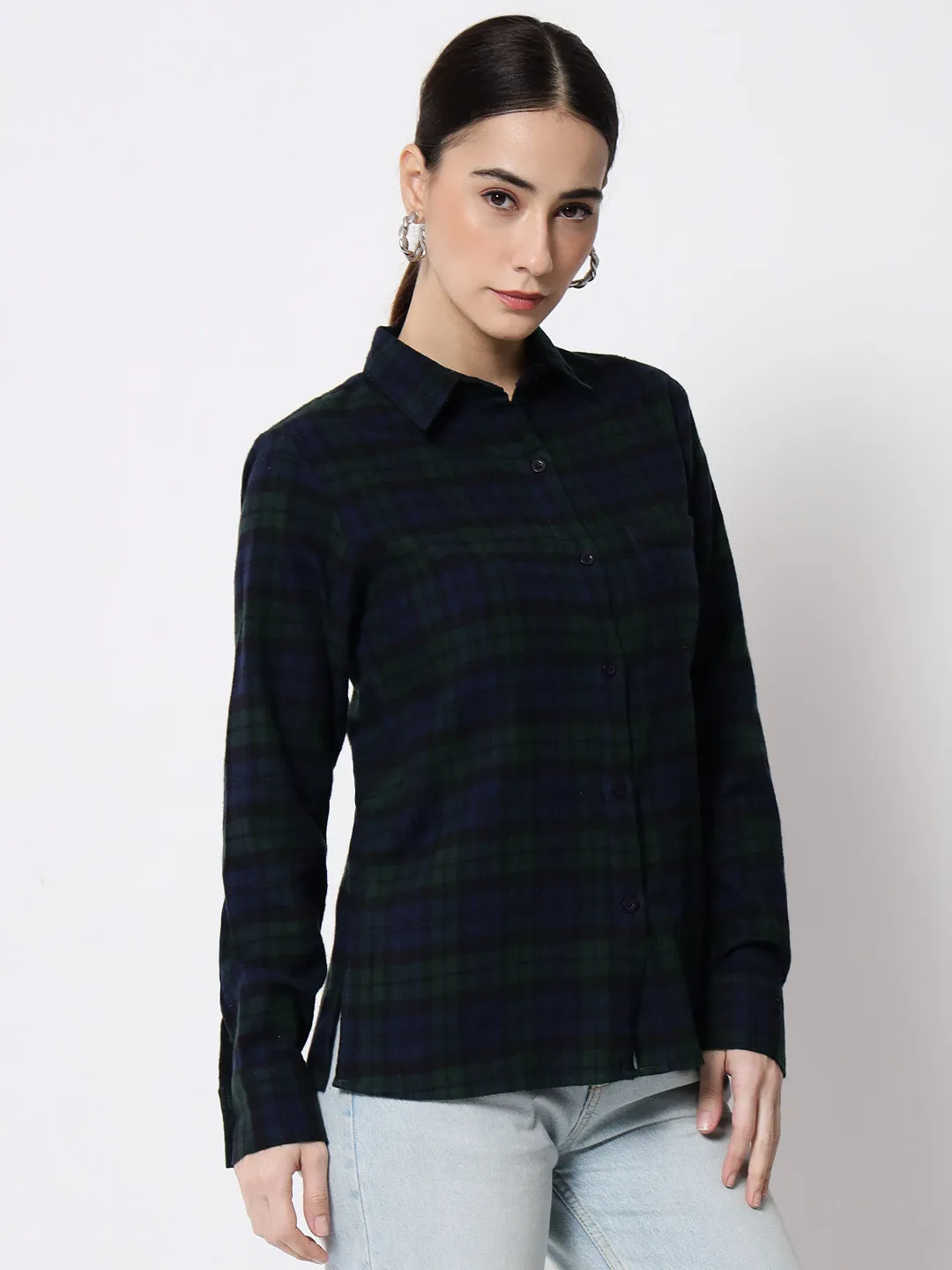 Women Navy Blue & Green Regular Fit Tartan Checked Pure Cotton Casual Shirt