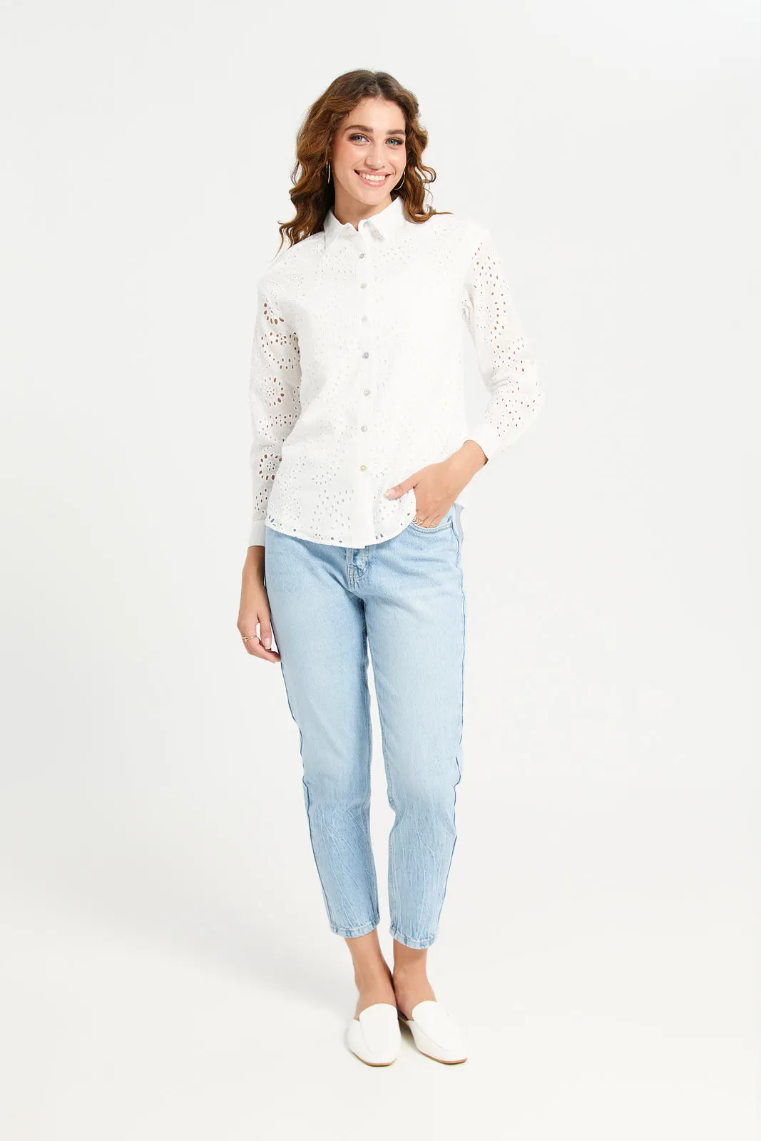 Women White Cutwork Shirt