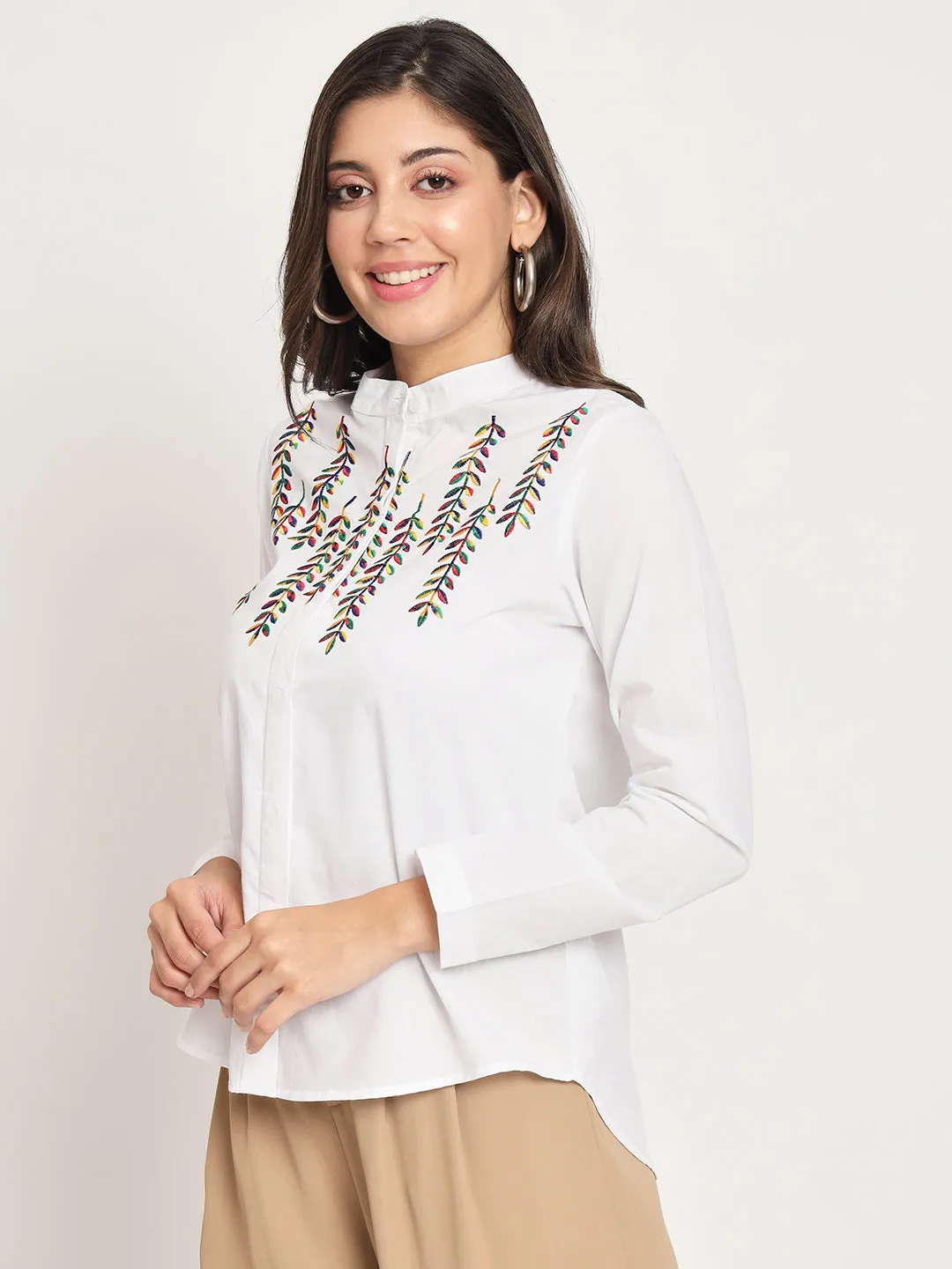 Women's Classic Floral Embroidered White Shirt