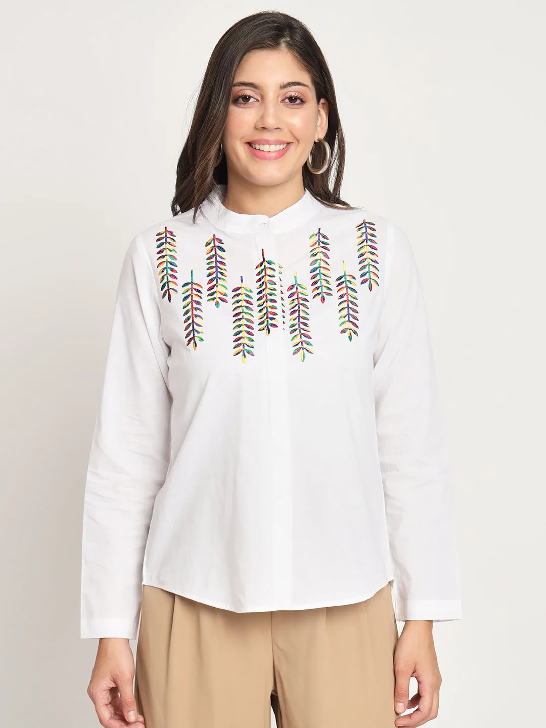 Women's Classic Floral Embroidered White Shirt