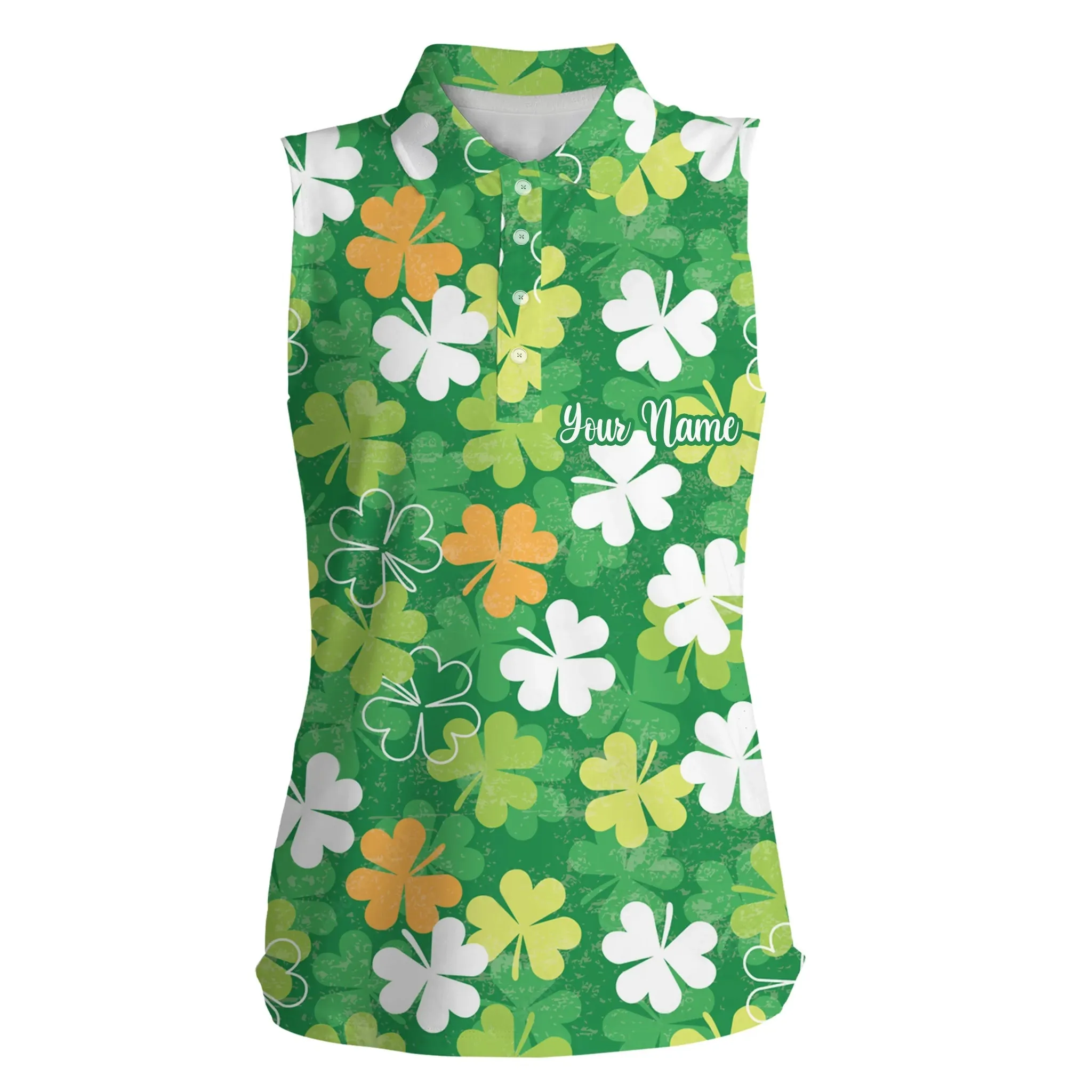 Womens Golf Polo Shirt Green Clover Pattern Custom Name St. Patrick's Day Pattern Ladies Golf Shirt