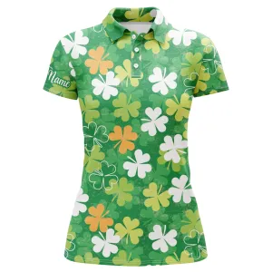 Womens Golf Polo Shirt Green Clover Pattern Custom Name St. Patrick's Day Pattern Ladies Golf Shirt