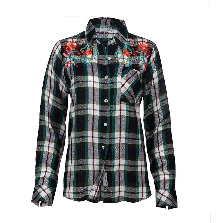 Women's Long Sleeves, Button Down, Rayon Plaid Shirt with a Floral Embroidery. Black/White. Style #8468