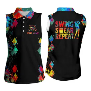 Women's sleeveless golf polo shirt custom watercolor swing swear repeat black golf shirt