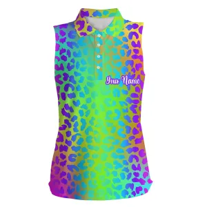 Womens sleeveless polo shirt neon rainbow leopard print custom pattern golf shirt, women golf top