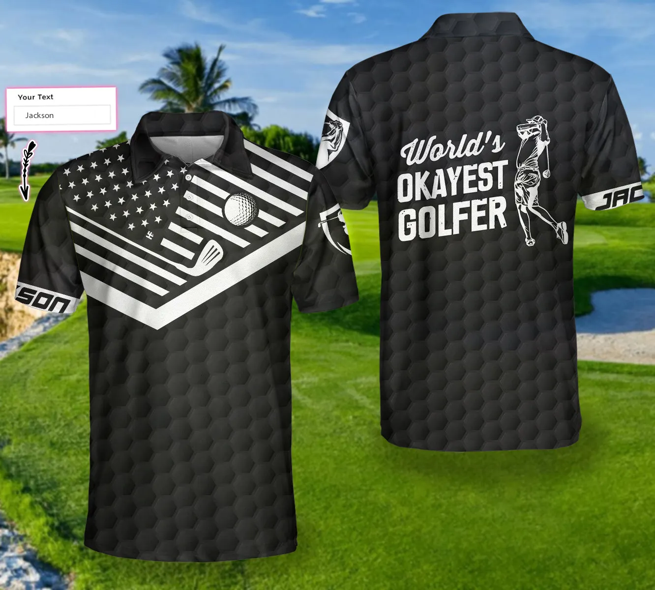 World's Okayest Golfer Custom Polo Shirt, Personalized Black American Flag Golf Shirt For Men