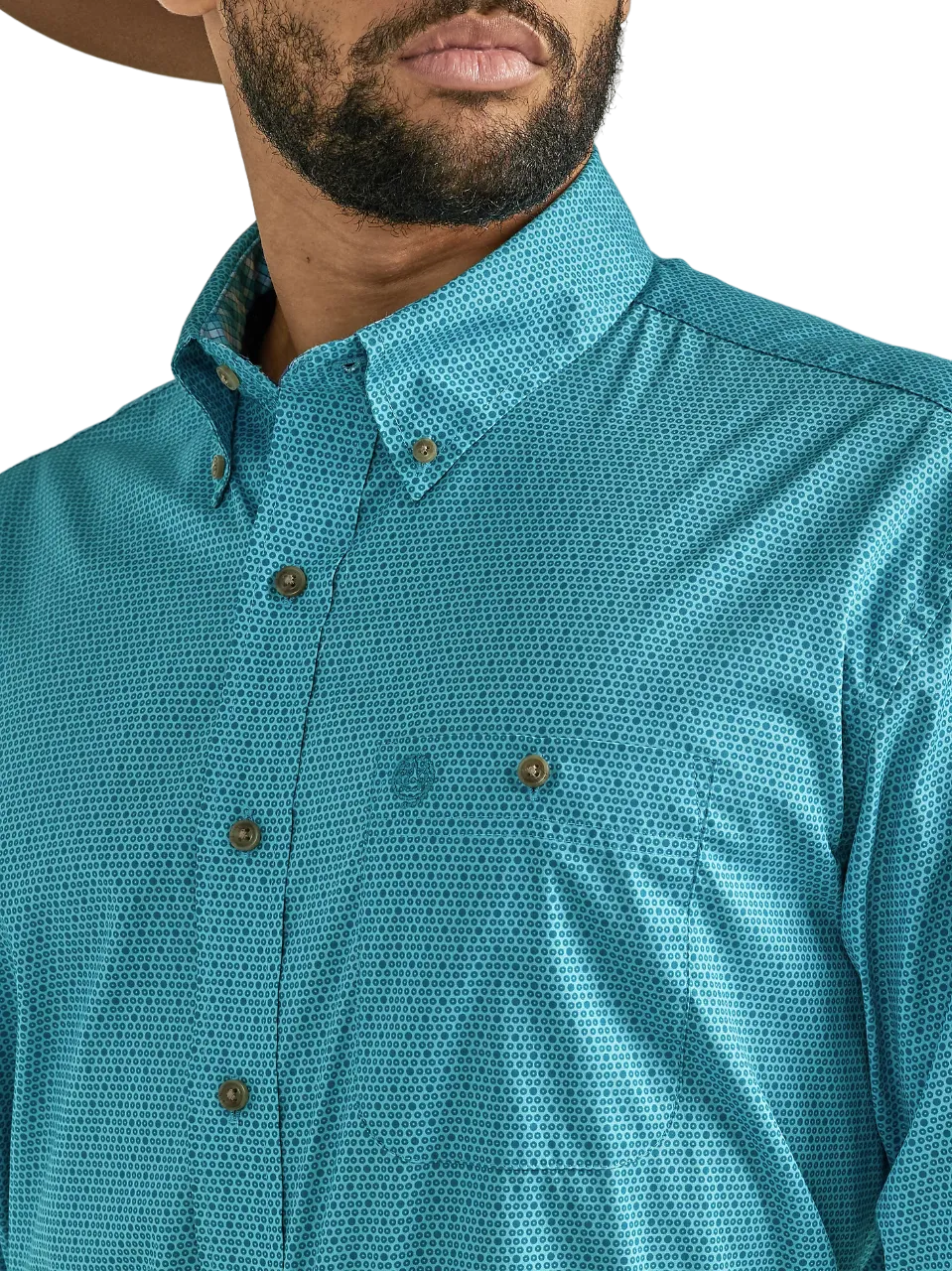 Wrangler Men's George Strait Long Sleeve Button Down One Pocket In Teal Discs Shirt