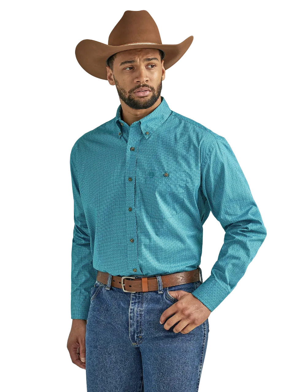 Wrangler Men's George Strait Long Sleeve Button Down One Pocket In Teal Discs Shirt