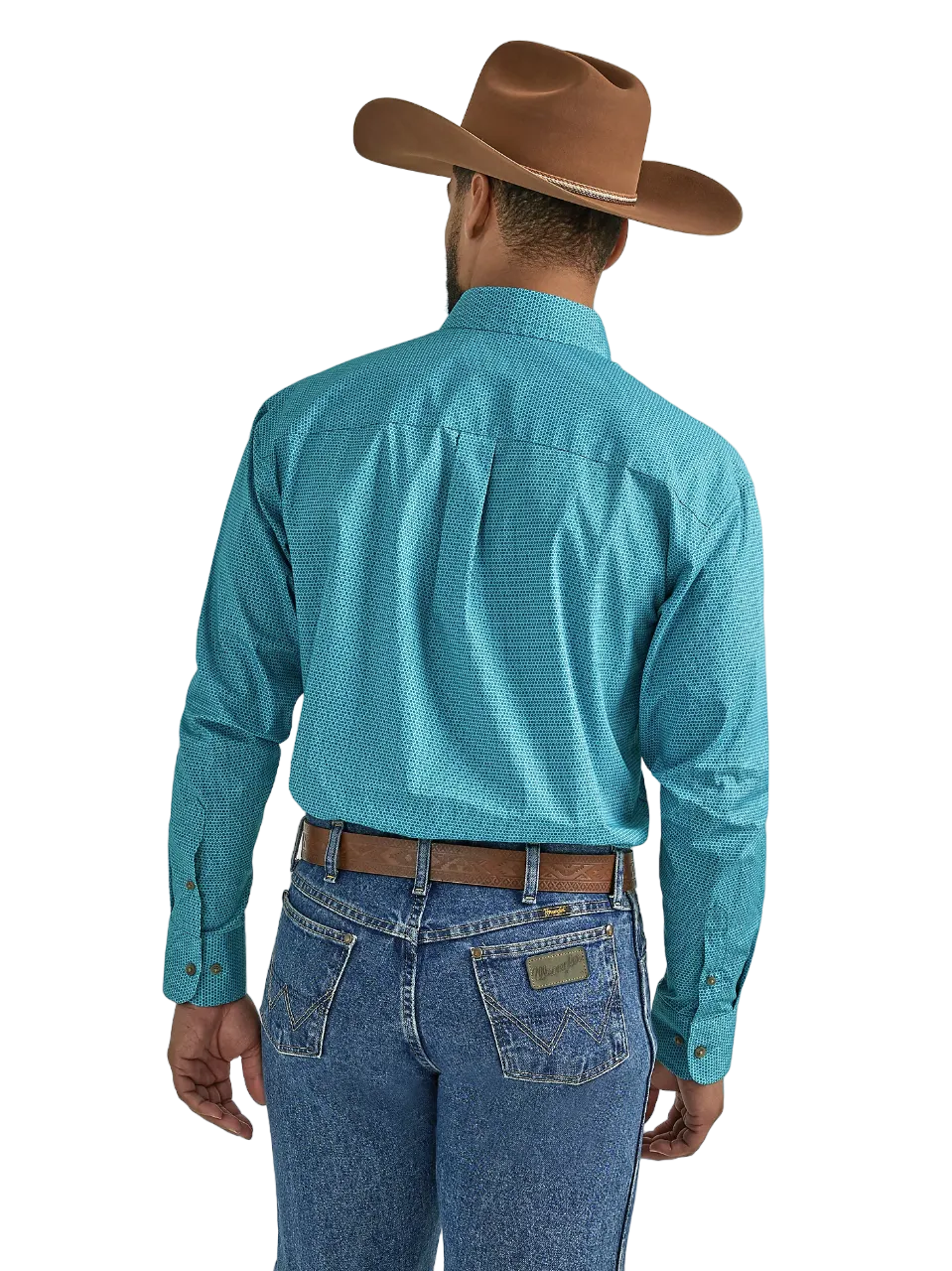 Wrangler Men's George Strait Long Sleeve Button Down One Pocket In Teal Discs Shirt