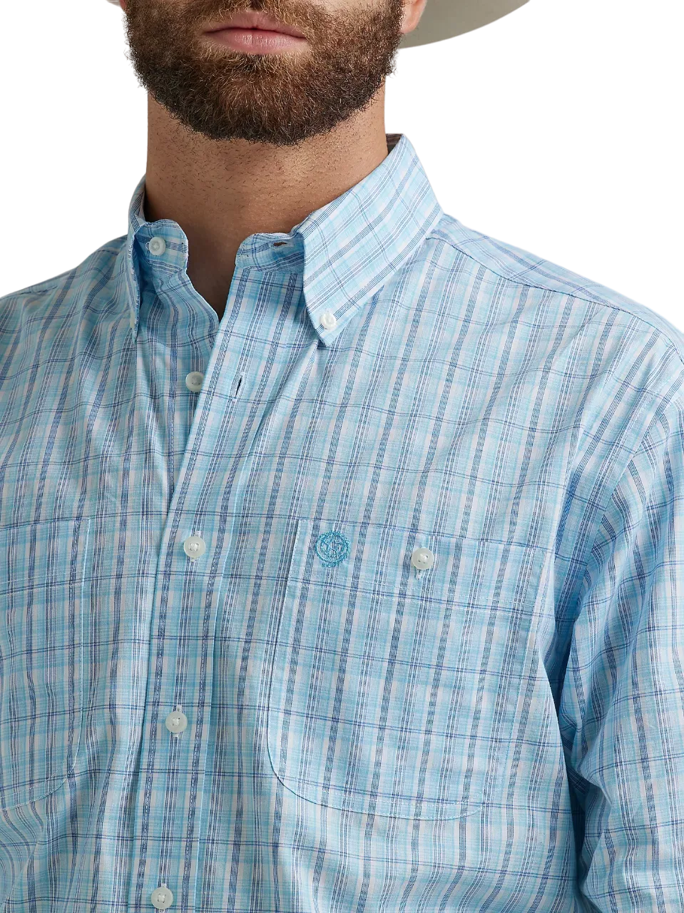 Wrangler Men's Long Sleeve Button Down Two Pocket Plaid Baby Blue Shirt