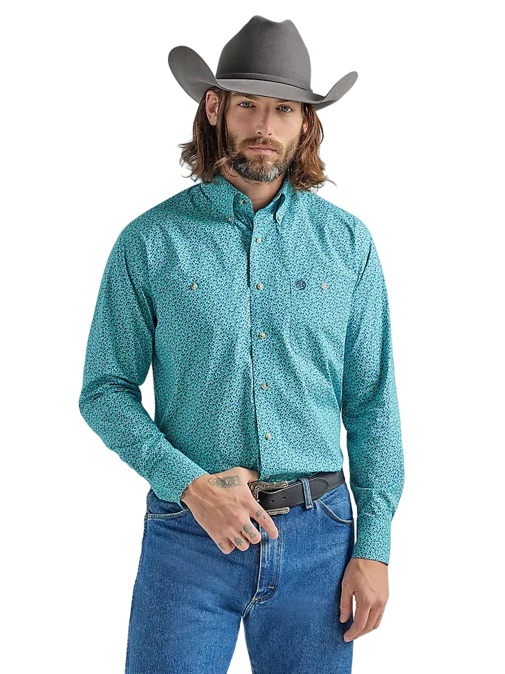 Wrangler Men's Long Sleeve Two Pocket Button Down Print Teal Flowers Shirt