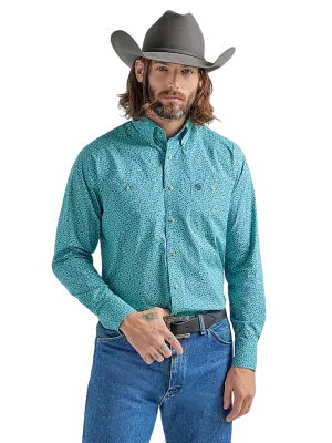 Wrangler Men's Long Sleeve Two Pocket Button Down Print Teal Flowers Shirt