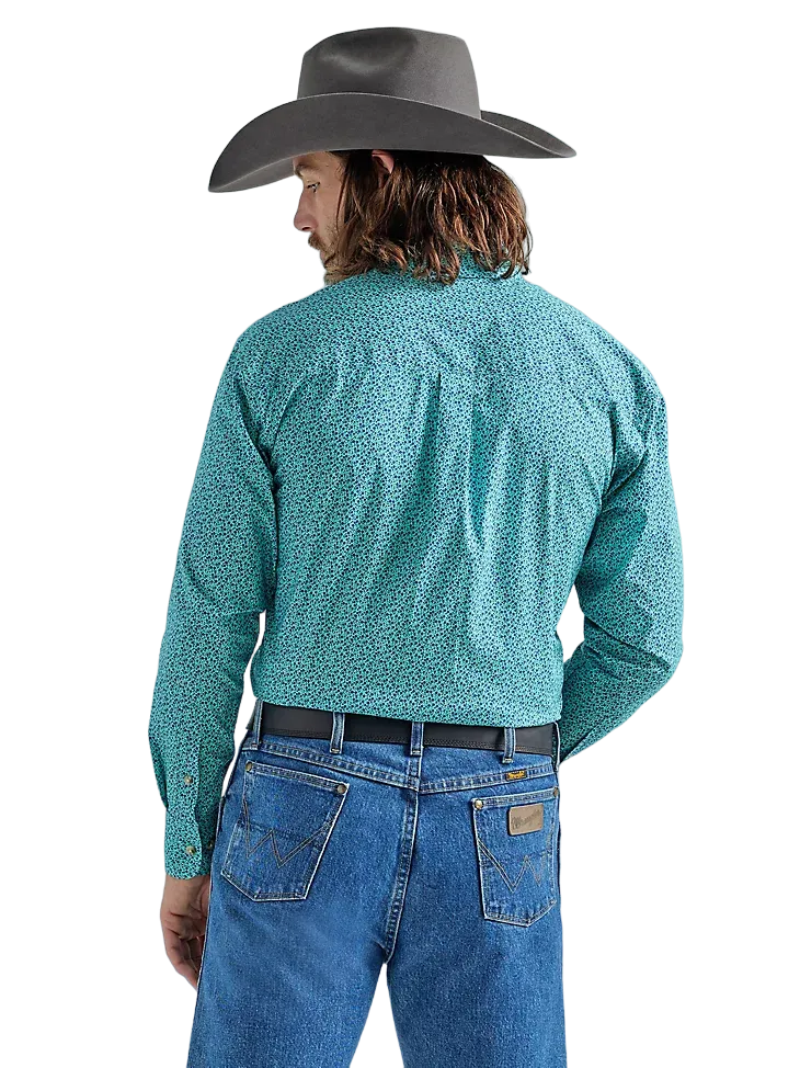 Wrangler Men's Long Sleeve Two Pocket Button Down Print Teal Flowers Shirt