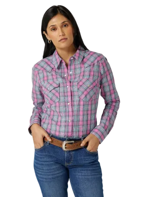 Wrangler Women's Essential Long Sleeve Plaid Poplin Western Snap Shirt