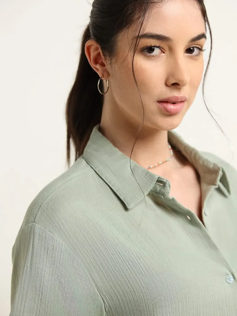 Wunderlove Green Cotton Crinkled Relaxed Beach Shirt